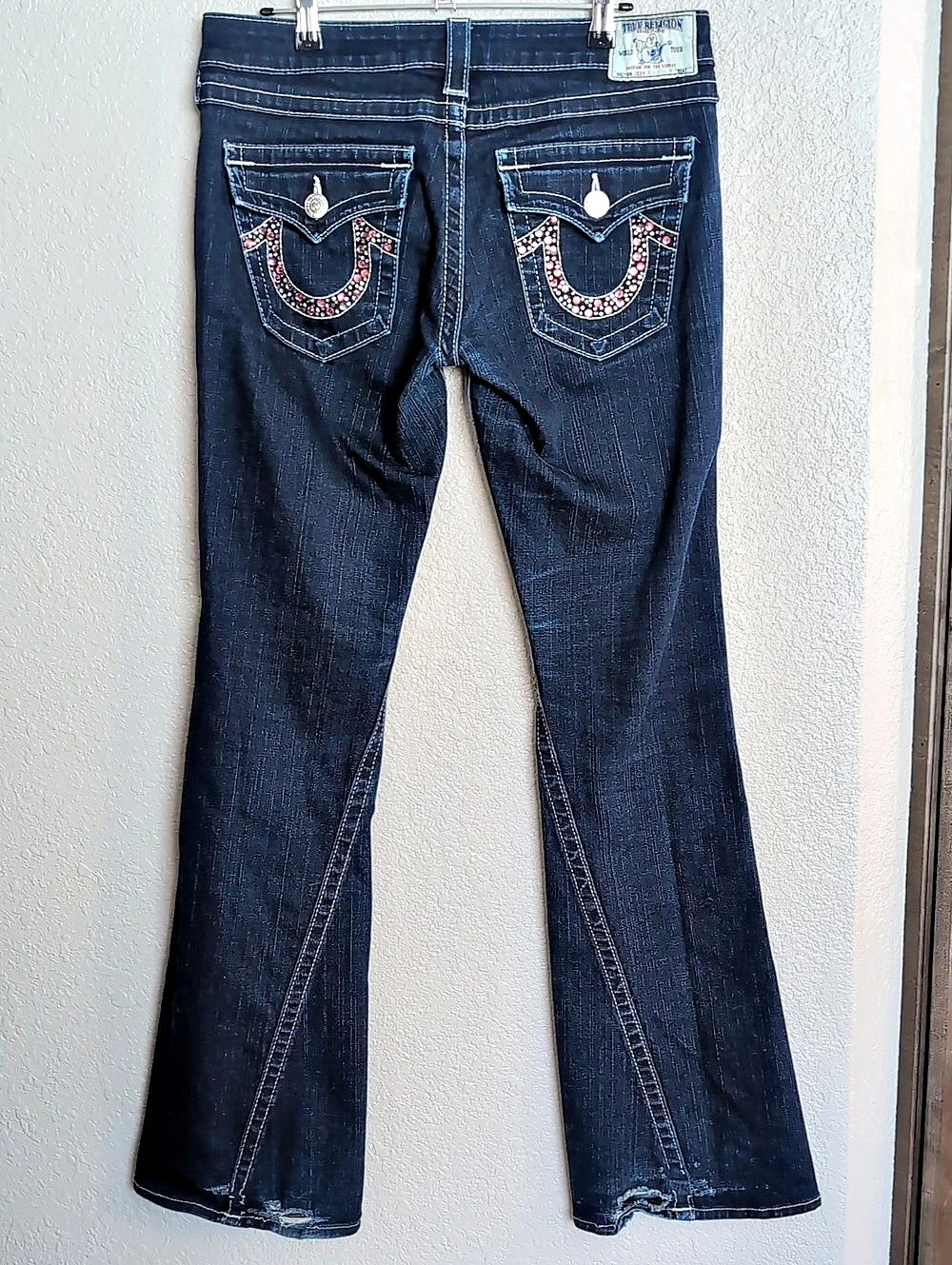 True Religion Rhinestone Flap Flare Jeans Boot Cut Blue Waist 29